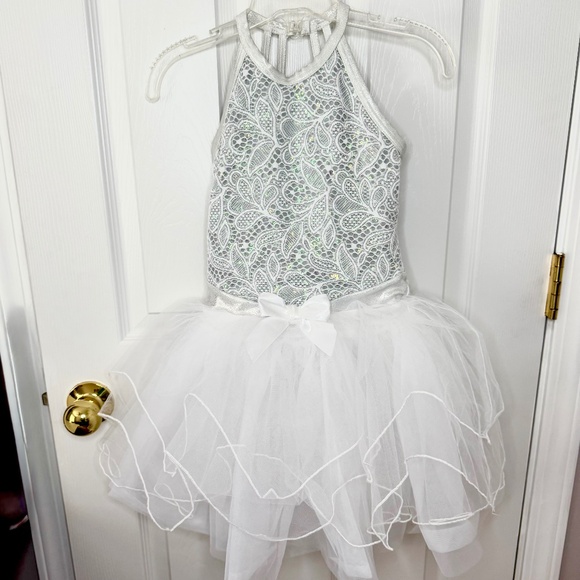 Dance Girls Sequined-Lace-Layered Tulle Dress Costume/Dress-Up/White/Sz IC (7/8) - Picture 1 of 16